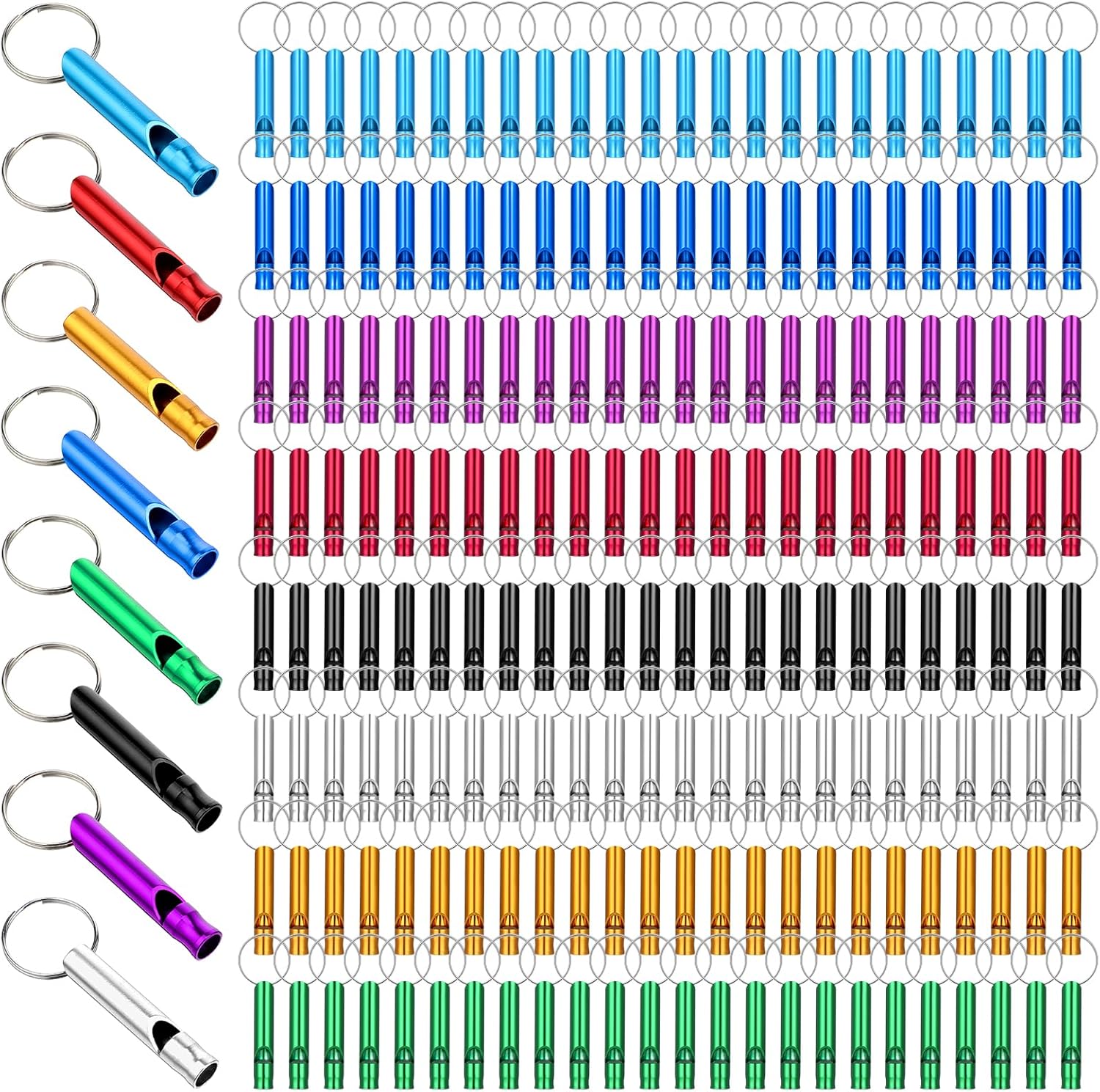 200Pcs Emergency Whistles with Keychains, Aluminum Extra Loud Survival Whistle, Whistle Bulk for Camping Hiking Hunting Boating Training Outdoor Sports, Multicolor
